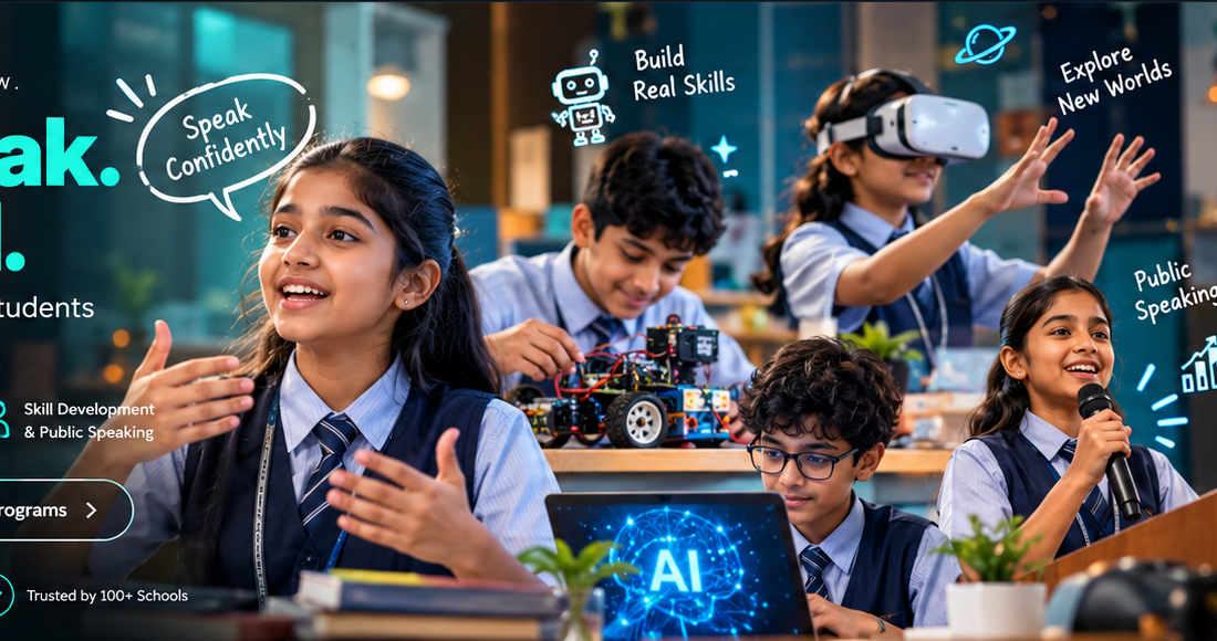 School students practising spoken English, public speaking, AI robotics and VR learning